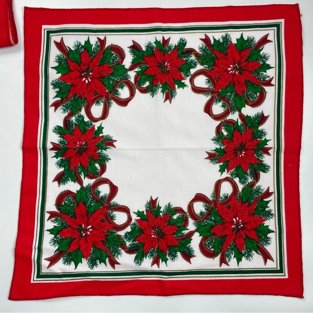 Vintage Christmas Napkins Cloth Poinsettia Flowers Red White Green Holiday Set 8